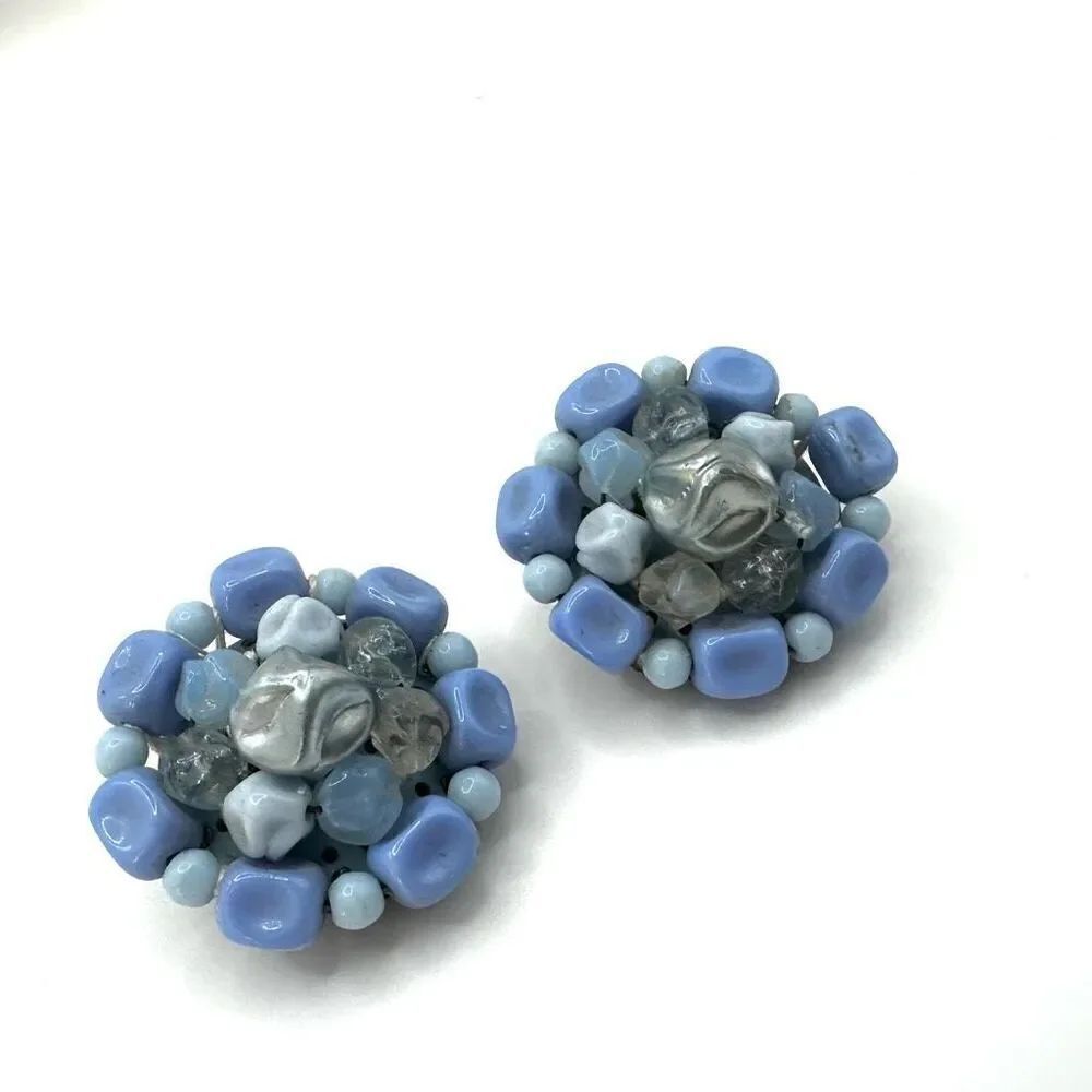 Blue beaded vintage clip on earrings